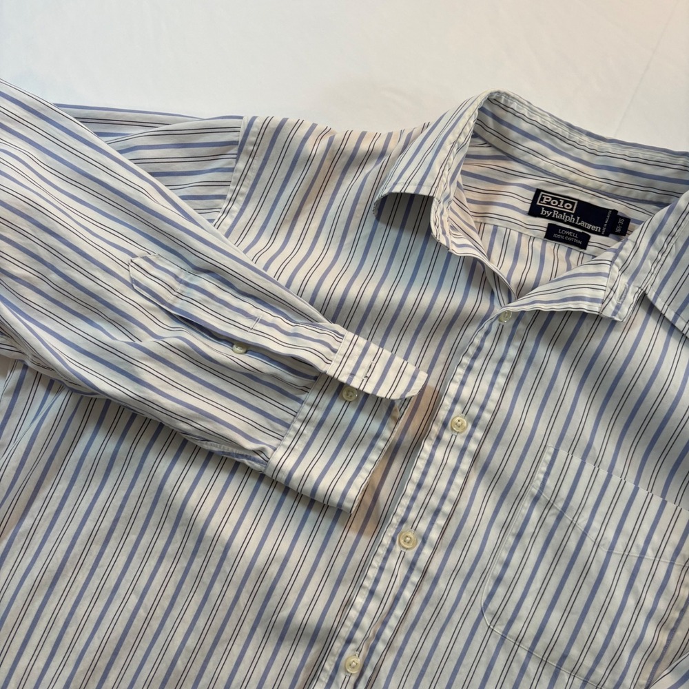 Polo Ralph Lauren Button Down Shirt Mens 16.5-35 Blue White Striped LowellCotton